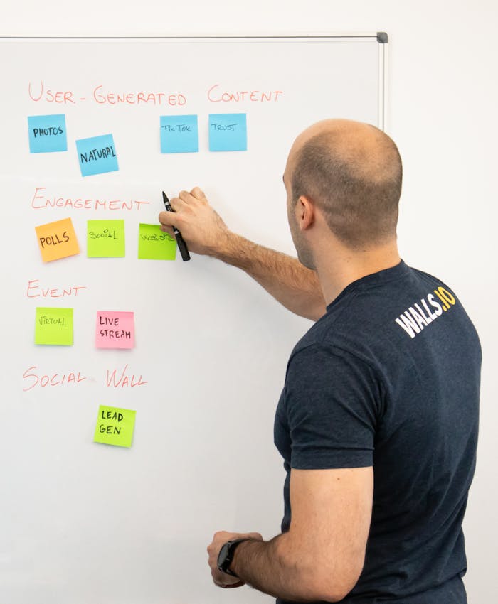 Man analyzing marketing content strategies using sticky notes on a whiteboard.